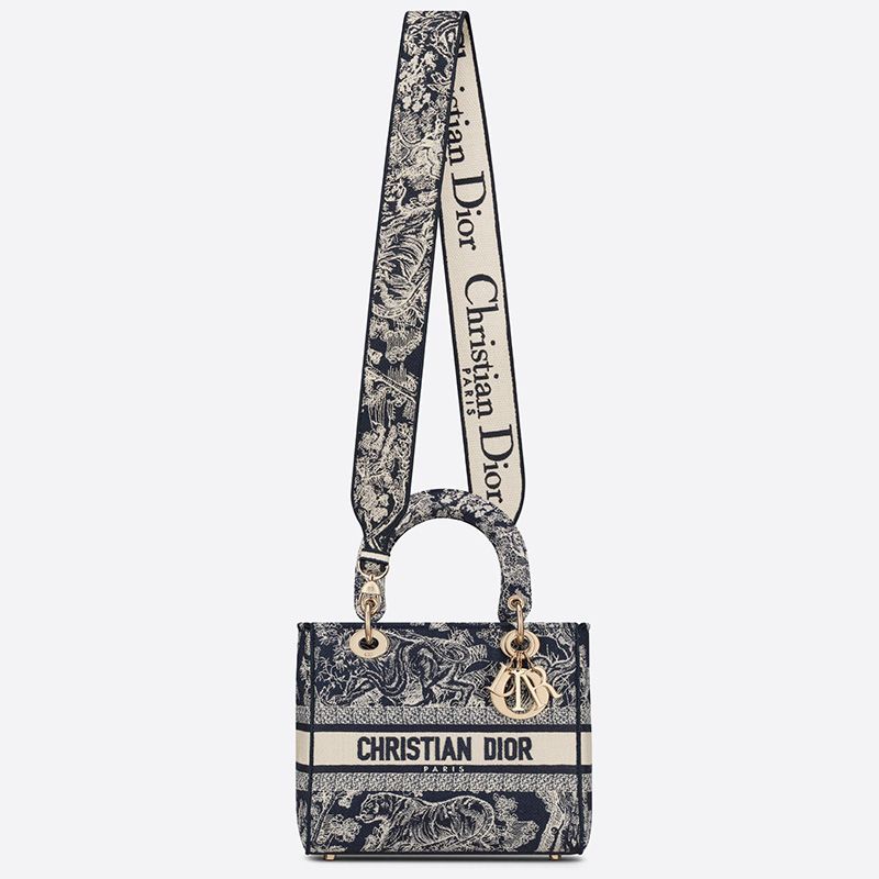 Medium Lady D-lite Bag In Toile de Jouy Motif Canvas Navy Blue - Image 5