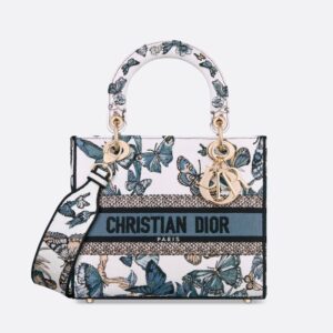 Medium Lady D-lite Bag In Toile de Jouy Mexico Motif Canvas White/Blue