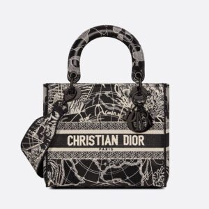 Medium Lady D-lite Bag In Around the World Motif Canvas Black