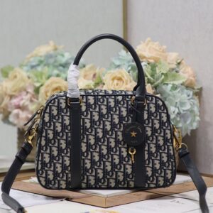 Large Dior D-Vibe Bowling Bag In Oblique Motif Canvas Blue