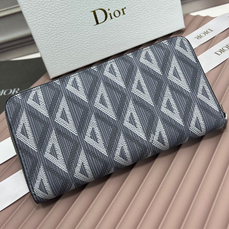 Large Dior Zip Wallet CD Diamond Motif Calfskin Grey - Image 2