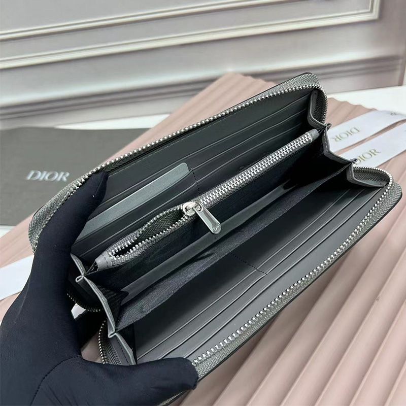 Large Dior Zip Wallet CD Diamond Motif Calfskin Grey - Image 4