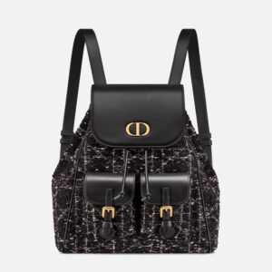 Medium Dior Caro Backpack In Cannage Motif Tweed Black