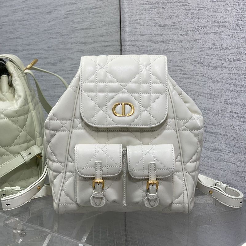 Medium Dior Caro Backpack In Macrocannage Lambskin White