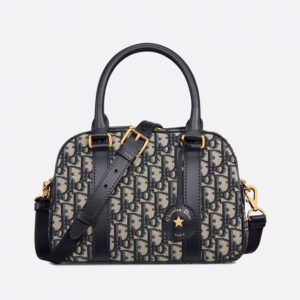 Medium Dior D-Vibe Bowling Bag In Oblique Motif Canvas Blue