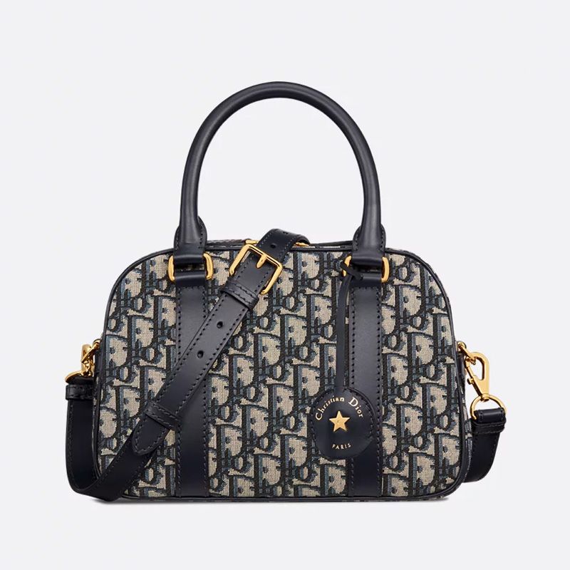 Medium Dior D-Vibe Bowling Bag In Oblique Motif Canvas Blue