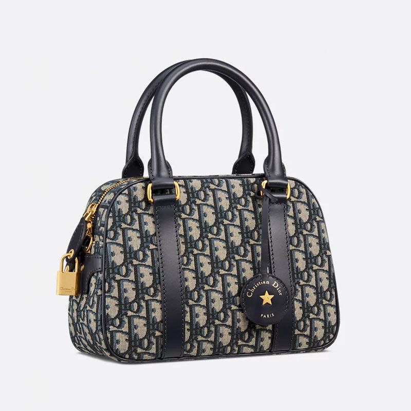 Medium Dior D-Vibe Bowling Bag In Oblique Motif Canvas Blue - Image 3