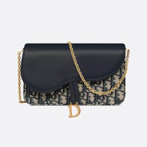 Medium Dior Saddle Pouch with Chain In Oblique Motif Canvas and Smooth Calfskin Blue