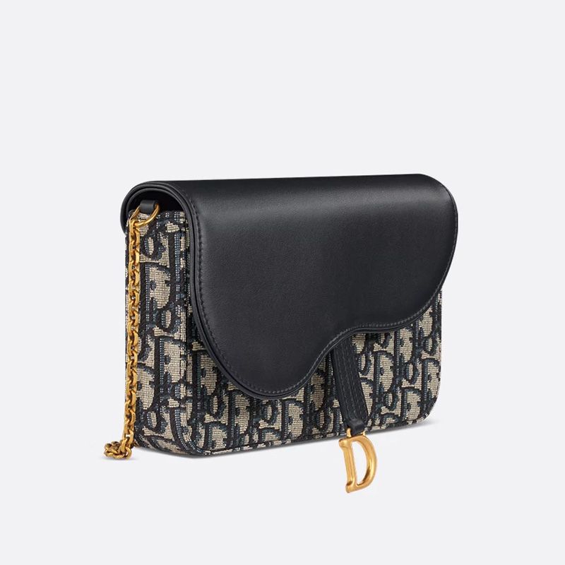 Medium Dior Saddle Pouch with Chain In Oblique Motif Canvas and Smooth Calfskin Blue - Image 3