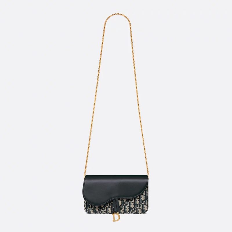 Medium Dior Saddle Pouch with Chain In Oblique Motif Canvas and Smooth Calfskin Blue - Image 5
