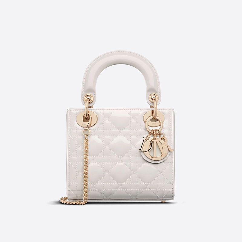 Mini Lady Dior Bag In Patent Cannage Calfskin White