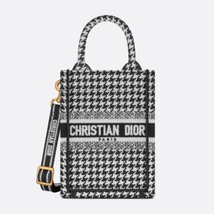Mini Vertical Dior Book Tote with Strap In Macro Houndstooth Motif Canvas Black