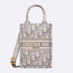 Mini Vertical Dior Book Tote with Strap In Oblique Motif Canvas Grey