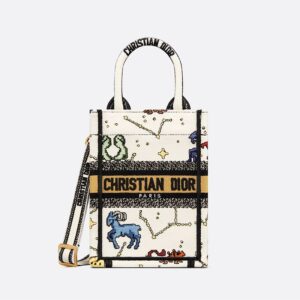 Mini Vertical Dior Book Tote with Strap In Pixel Zodiac Motif Canvas White