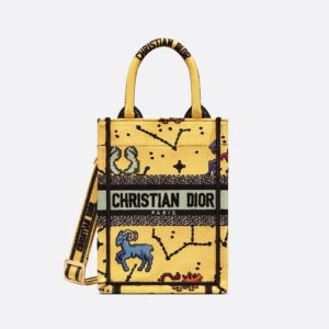 Mini Vertical Dior Book Tote with Strap In Pixel Zodiac Motif Canvas Yellow