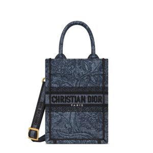 Mini Vertical Dior Book Tote with Strap In Toile De Jouy Motif Denim Navy Blue