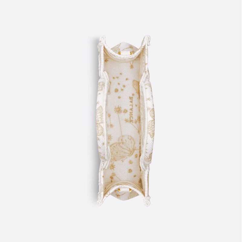 Mini Dior Book Tote with Strap In Butterfly Zodiac Motif Canvas White/Gold - Image 4