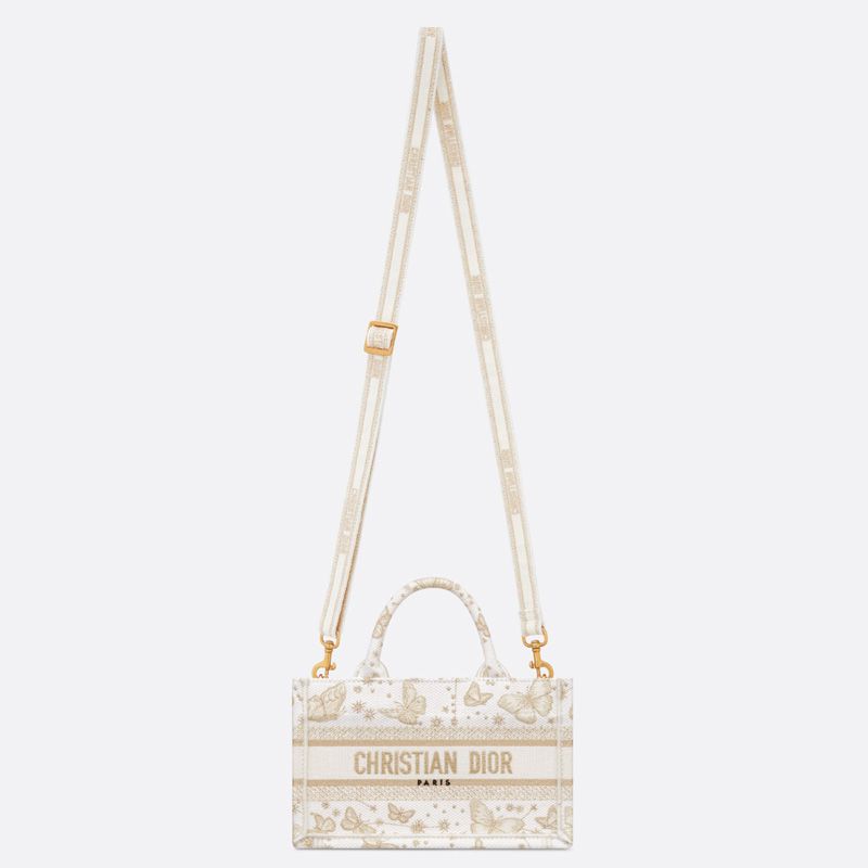 Mini Dior Book Tote with Strap In Butterfly Zodiac Motif Canvas White/Gold - Image 5