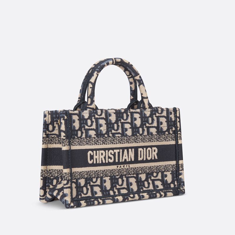 Mini Dior Book Tote with Strap In Oblique Motif Canvas Blue - Image 3