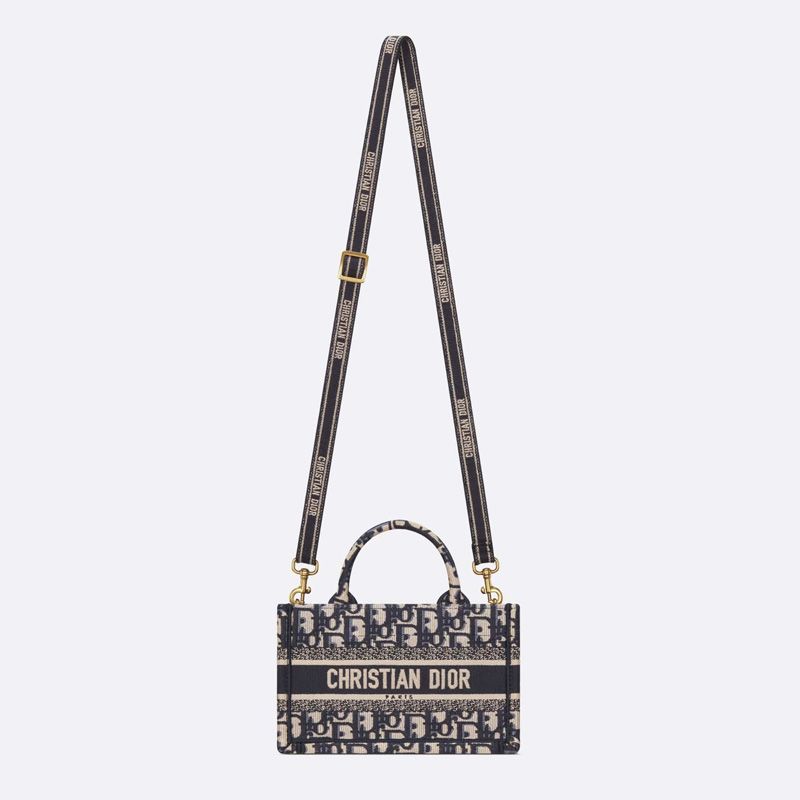 Mini Dior Book Tote with Strap In Oblique Motif Canvas Blue - Image 5