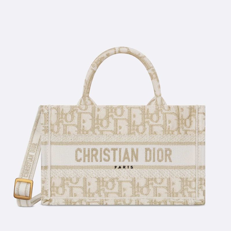 Mini Dior Book Tote with Strap In Oblique Motif Canvas White/Gold