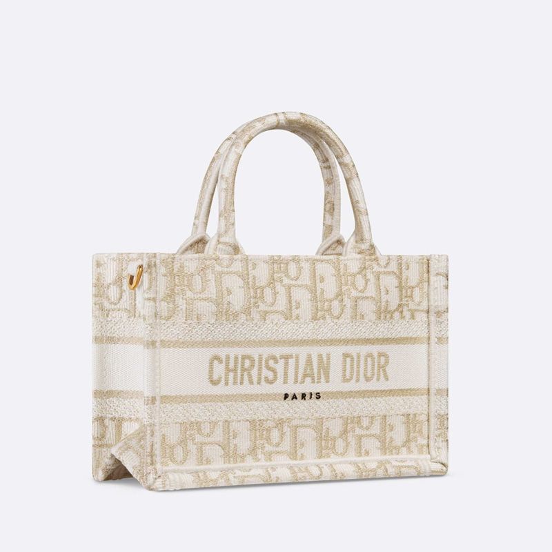Mini Dior Book Tote with Strap In Oblique Motif Canvas White/Gold - Image 3