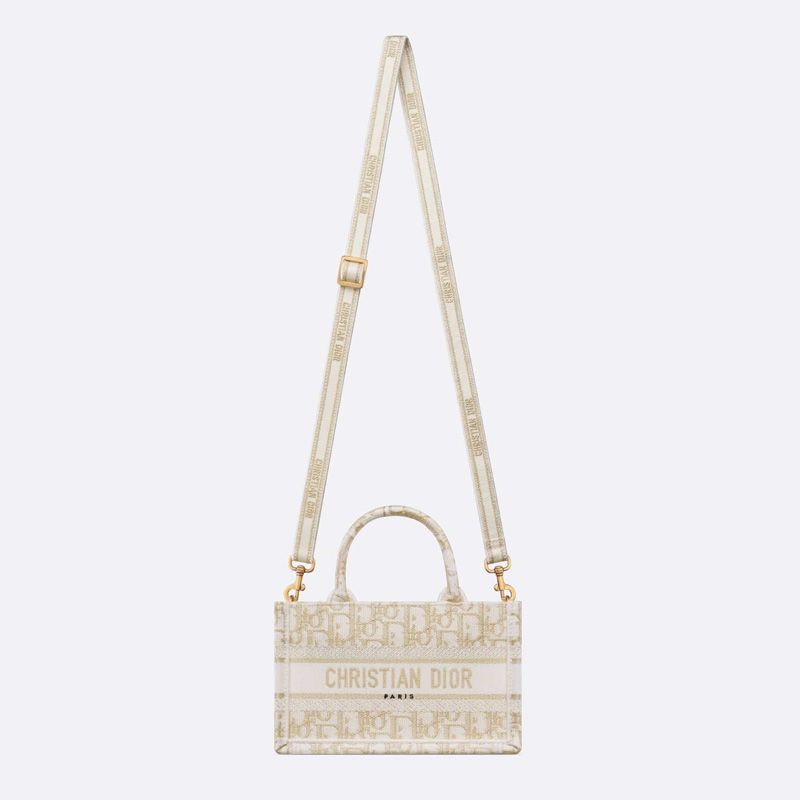 Mini Dior Book Tote with Strap In Oblique Motif Canvas White/Gold - Image 5