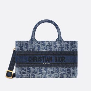 Mini Dior Book Tote with Strap In Oblique Motif Denim Blue