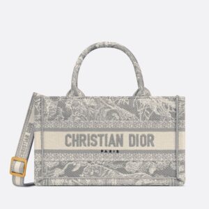 Mini Dior Book Tote with Strap In Toile De Jouy Motif Canvas Grey