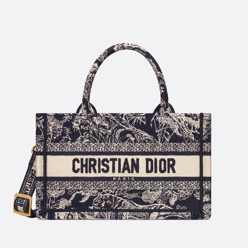 Mini Dior Book Tote with Strap In Toile De Jouy Motif Canvas Navy Blue