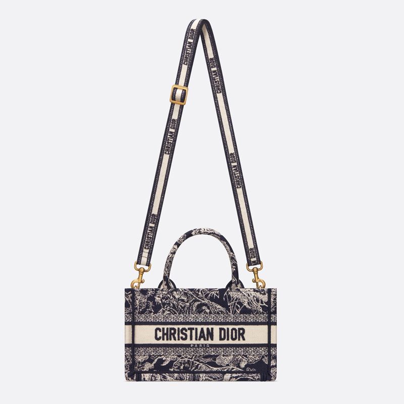 Mini Dior Book Tote with Strap In Toile De Jouy Motif Canvas Navy Blue - Image 5