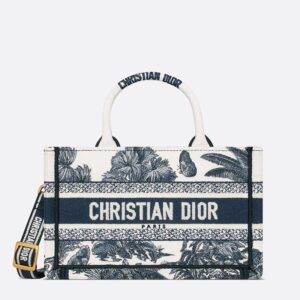 Mini Dior Book Tote with Strap In Toile de Jouy Palms Motif Canvas White/Blue