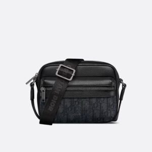 Mini Dior Rider 2.0 Zipped Messenger Bag In Grained Calfskin and Oblique Motif Canvas Black