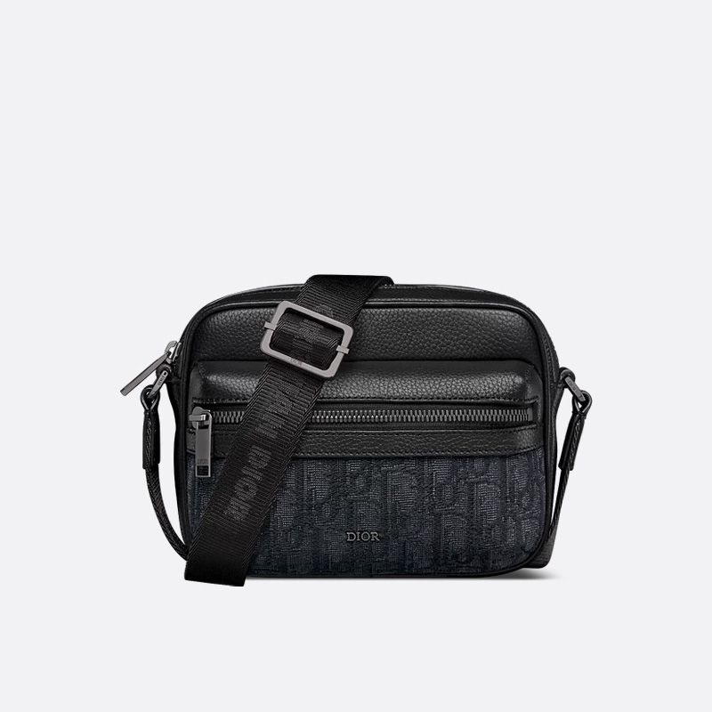Mini Dior Rider 2.0 Zipped Messenger Bag In Grained Calfskin and Oblique Motif Canvas Black