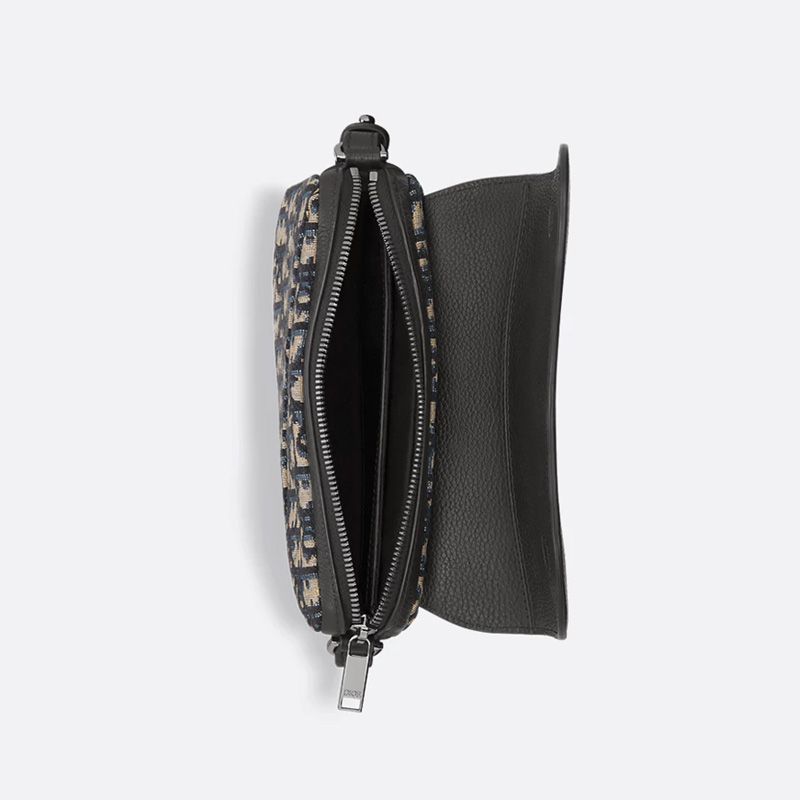 Mini Dior Saddle Bag In Grained Calfskin and Oblique Motif Canvas Black/Blue - Image 4