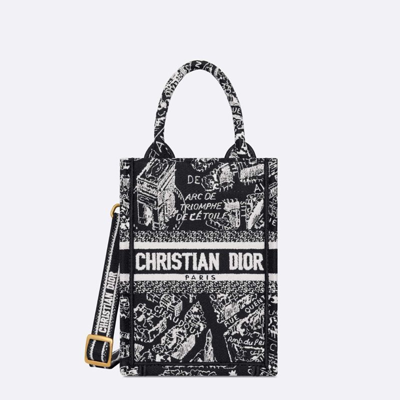 Mini Vertical Dior Book Tote with Strap In Plan de Paris Motif Canvas Black