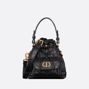 Nano Dior Caro Bucket Bag In Macrocannage Lambskin Black