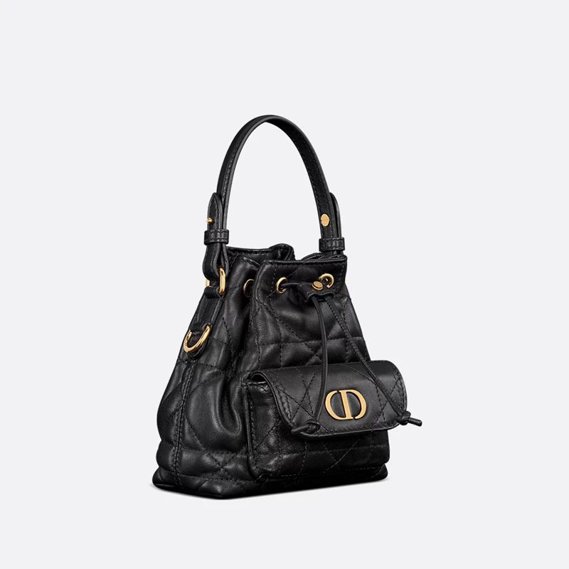Nano Dior Caro Bucket Bag In Macrocannage Lambskin Black - Image 3