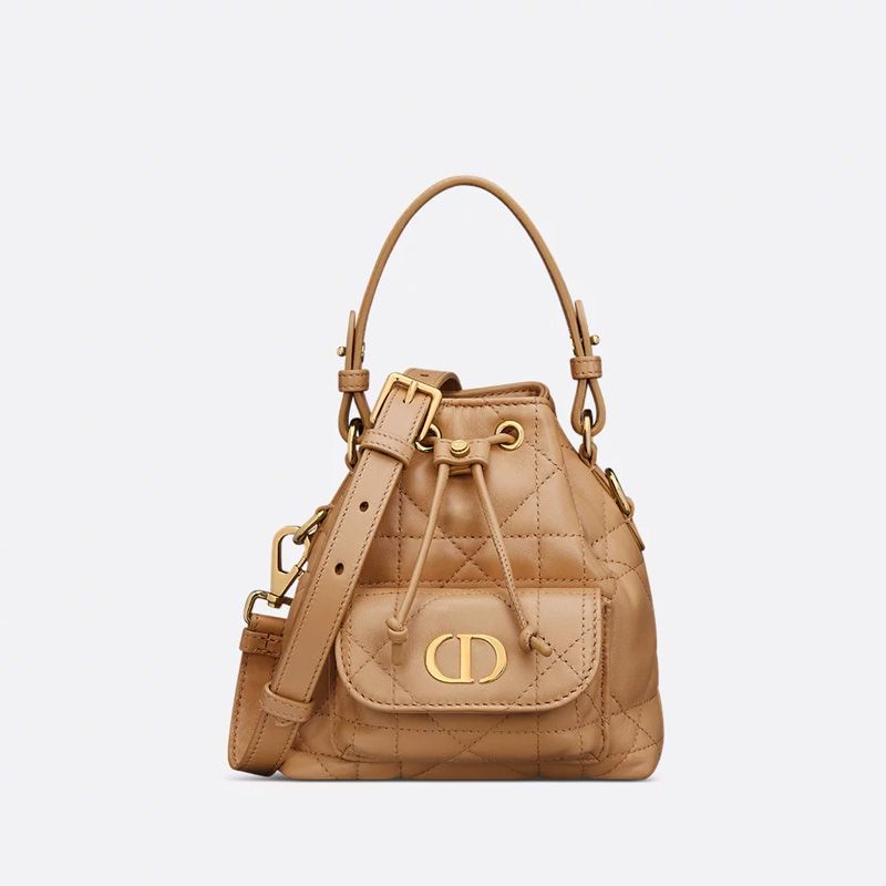 Nano Dior Caro Bucket Bag In Macrocannage Lambskin Brown