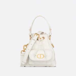 Nano Dior Caro Bucket Bag In Macrocannage Lambskin White