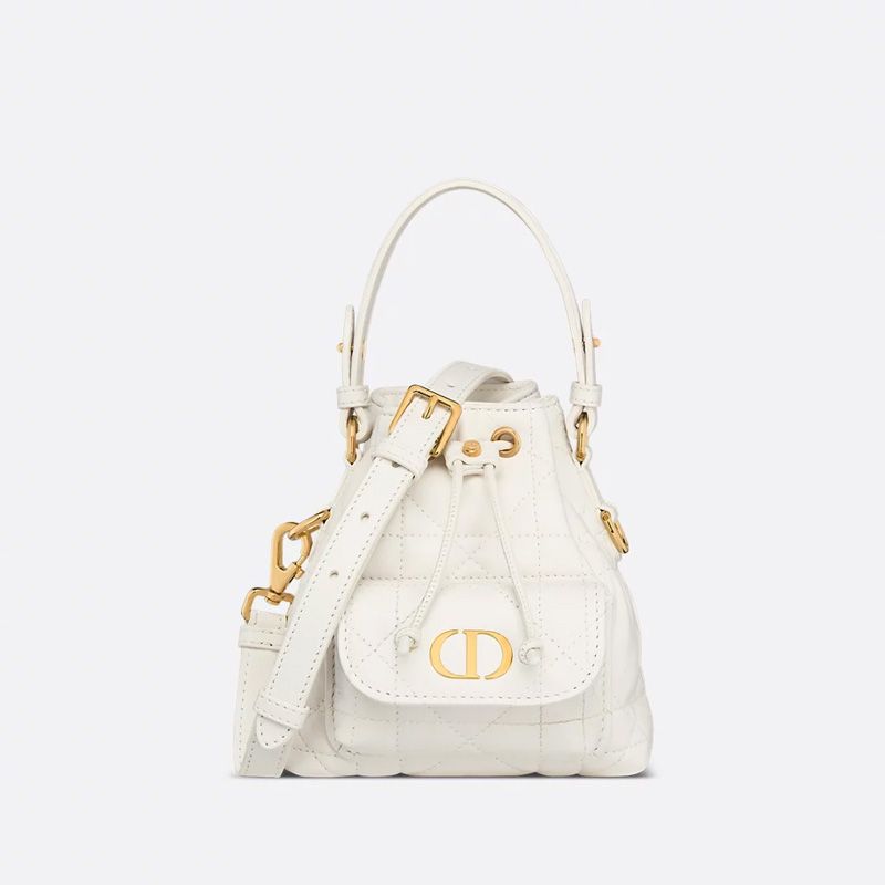 Nano Dior Caro Bucket Bag In Macrocannage Lambskin White