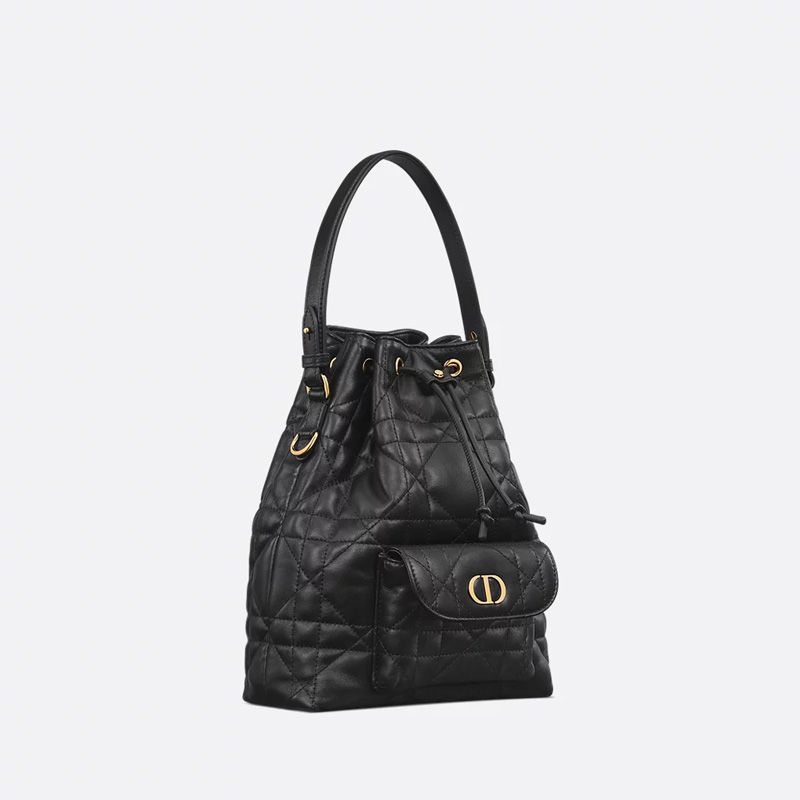 Small Dior Caro Bucket Bag In Macrocannage Lambskin Black - Image 3