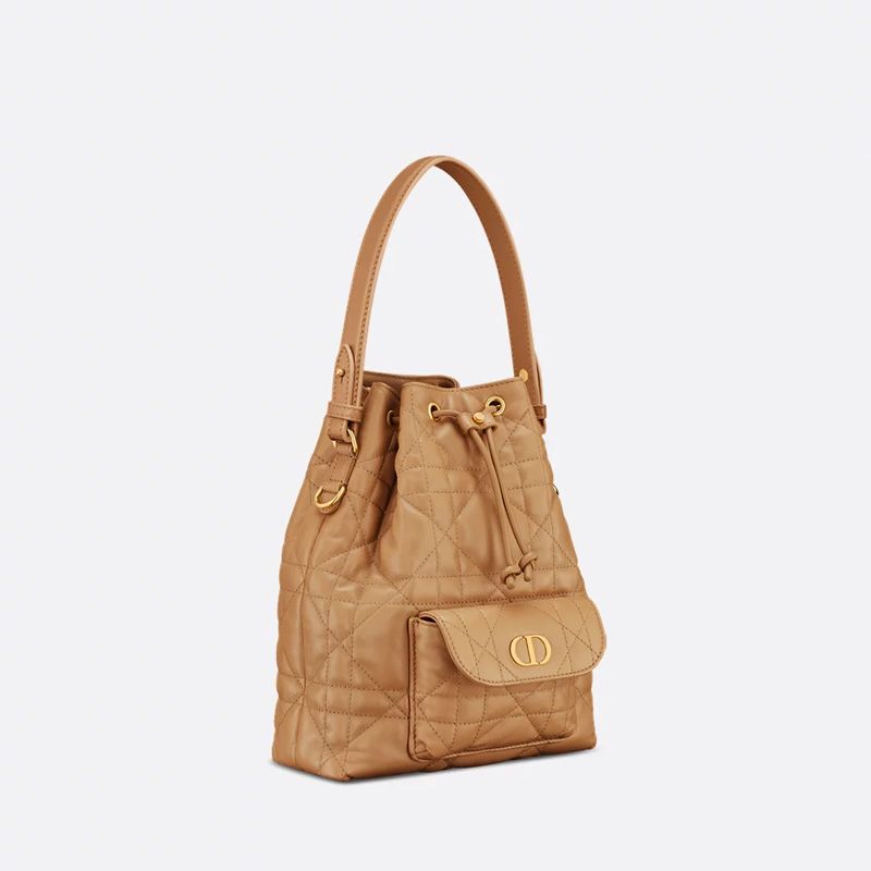 Small Dior Caro Bucket Bag In Macrocannage Lambskin Brown - Image 3