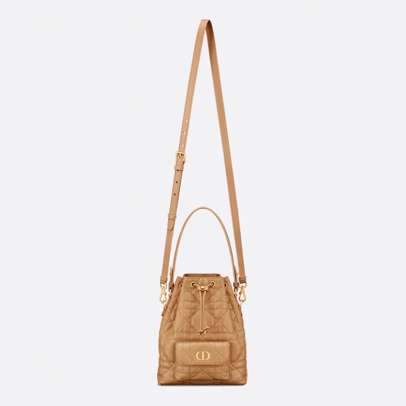 Small Dior Caro Bucket Bag In Macrocannage Lambskin Brown - Image 5
