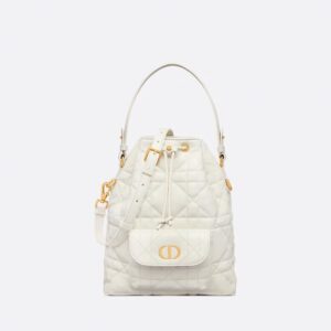 Small Dior Caro Bucket Bag In Macrocannage Lambskin White
