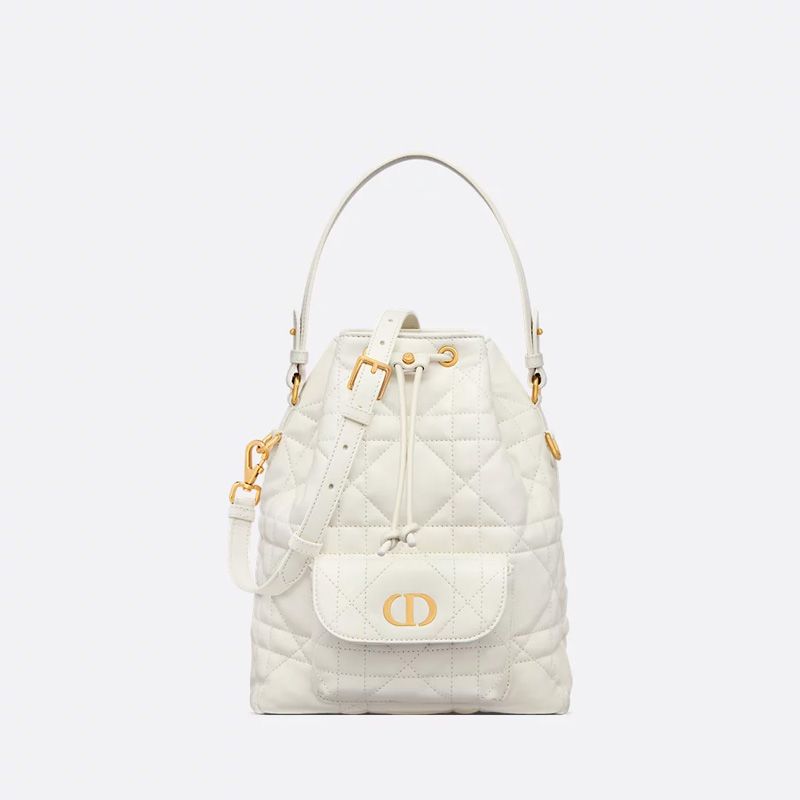 Small Dior Caro Bucket Bag In Macrocannage Lambskin White