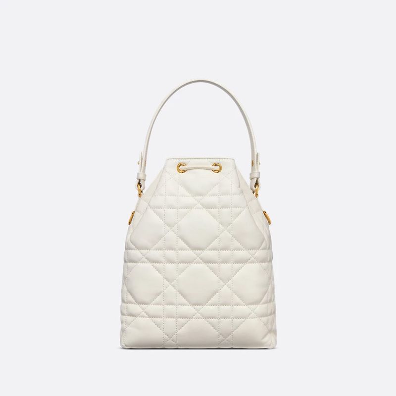 Small Dior Caro Bucket Bag In Macrocannage Lambskin White - Image 2