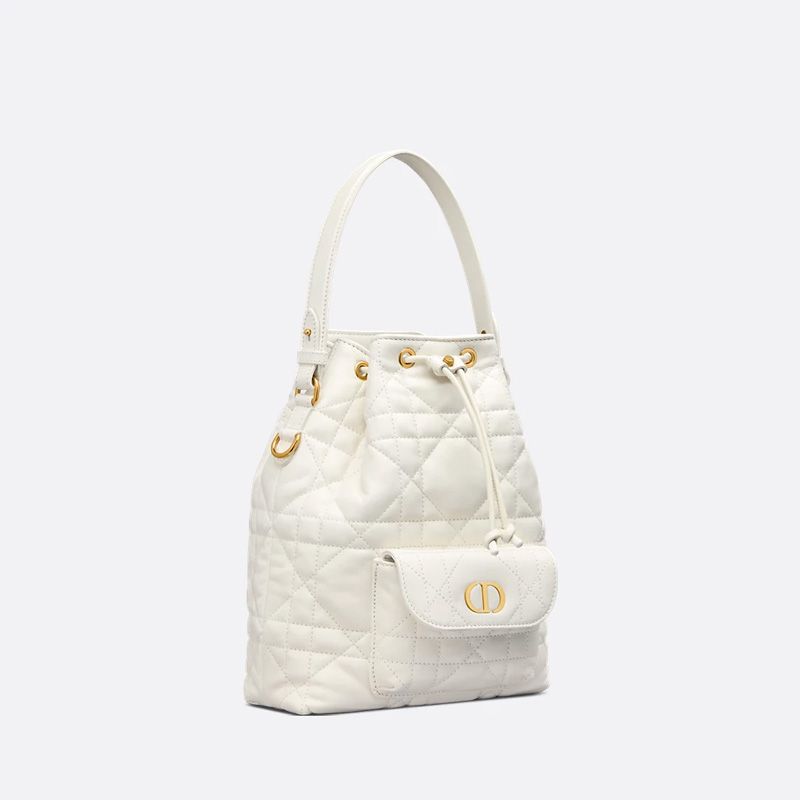 Small Dior Caro Bucket Bag In Macrocannage Lambskin White - Image 3