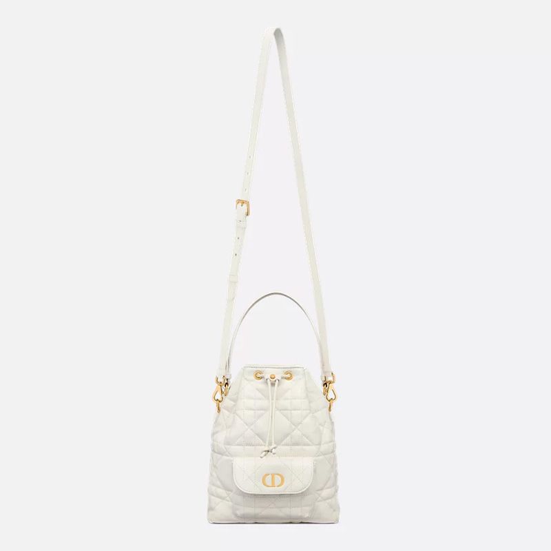 Small Dior Caro Bucket Bag In Macrocannage Lambskin White - Image 5