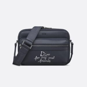 Small Dior Rider 2.0 Zipped Messenger In Grained Calfskin with White Print Navy Blue